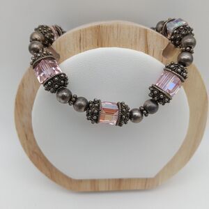 925 Sterling Silver beaded Bali bracelet Swarovski crystals heavy  pink